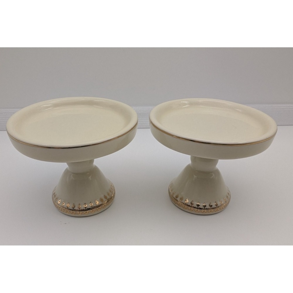 Victorian Trading Co Ceramic Mini Cupcake Stands Candle Holders VTC Pair Gold